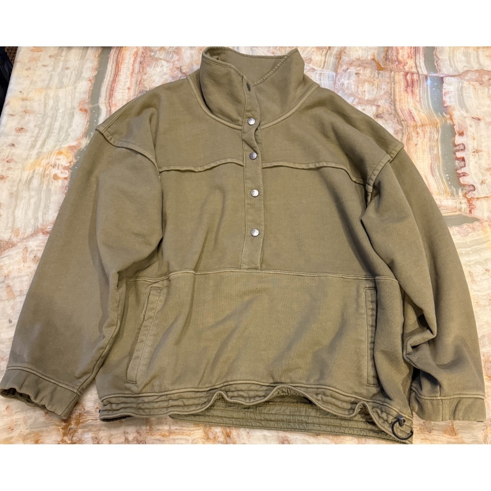 FP Movement Womens Pullover Sweatshirt Olive Green Snap Front Oversized Size L